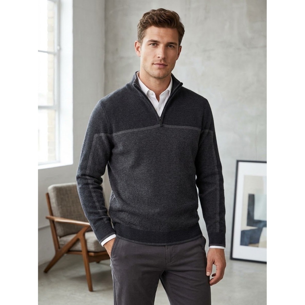 Stone Falcon Mens Small Quarter Zip Sweater Charcoal Gray Navy Knit Mock Neck